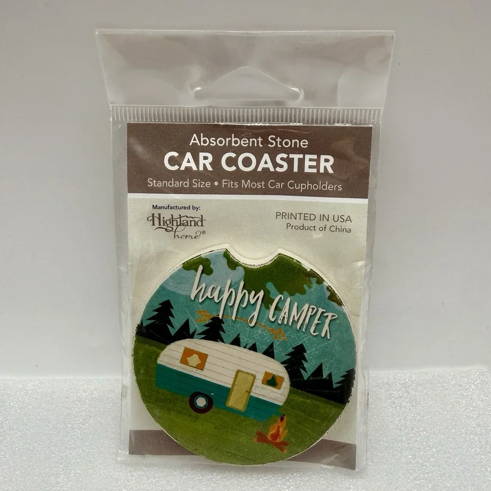 Highland Home‎ Absorbent Stone Car Coasters Happy Camper RV Theme